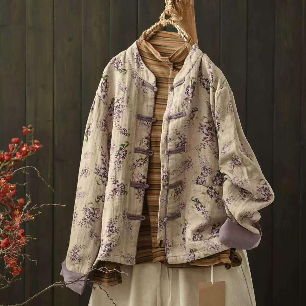 Johnature Women Vintage Print Floral Jackets Stand Long Sleeve Autumn Coats Loose Patchwork Pockets Chinese Style Jackets