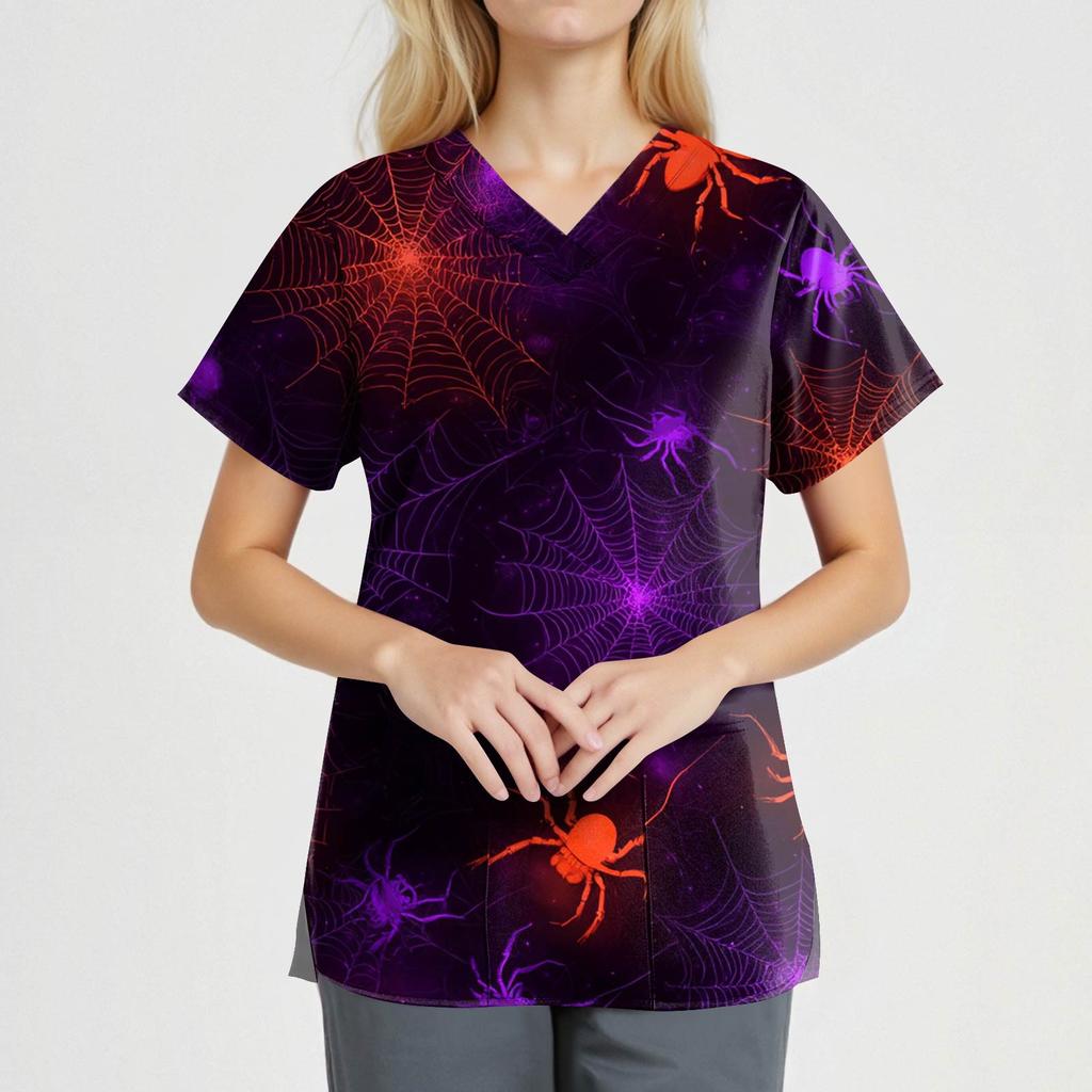 Women's Fashion V-Neck Short Sleeve Overalls With Pockets Halloween Printed Tops  Apparel