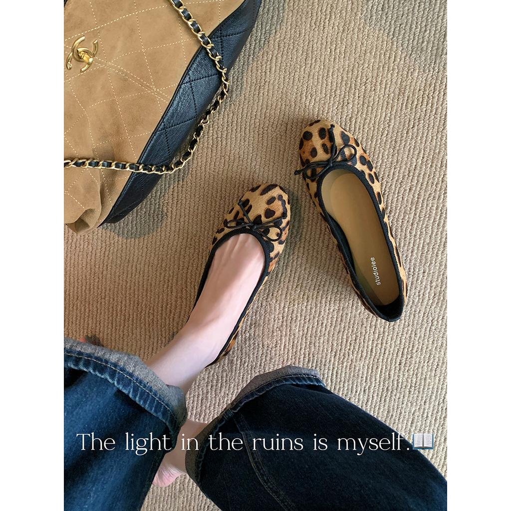 Sheepskin Version~ Grape Mother Same Leather Classic Round Head Bow Leopard Print Single Shoes Women's Shallow Mouth Ballet Flats