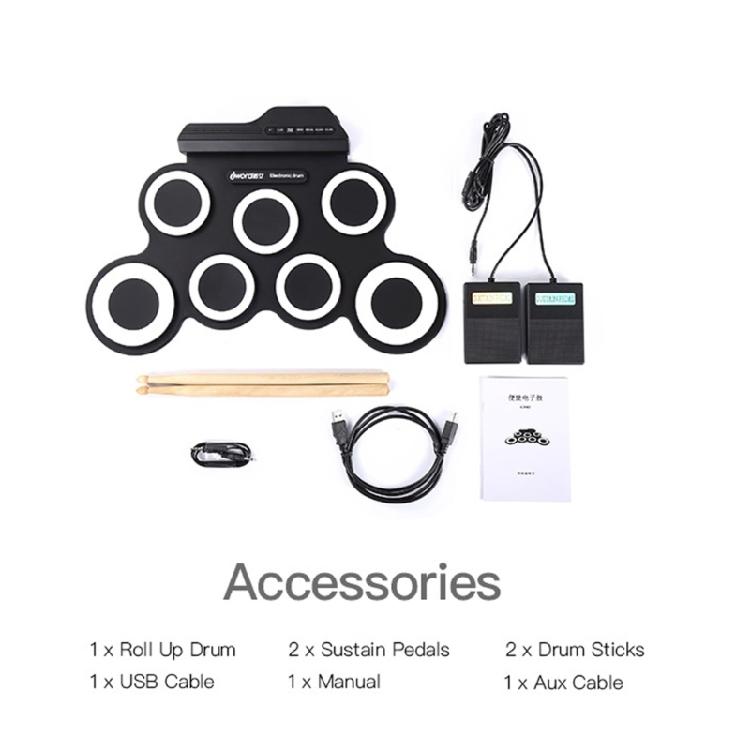 Electronic Drum Set 7 Pads Rolls-up Practice Drum Sets Built-in Speaker Headphone USB Jacks Kits for Kid Adults Beginner