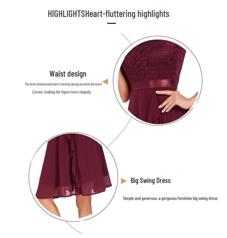 Plus Size Women's Lace Patchwork Chiffon Dress - Round Neck, Waist-Slimming, Big Swing, Hepburn Style