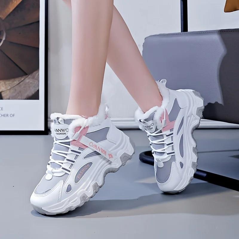 Women High Top Plush Inner Winter Athletic Sneakers Lace-up Thick Soled Fashion Platform Sneakers Non-slip Versatile Snow Shoe