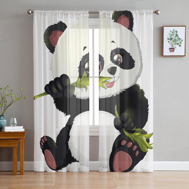 Cute Panda Bamboo Sheer Curtains For Living Room Child Bedroom Decor Tulle Curtains Kitchen Window Transparent Chiffon Curtain