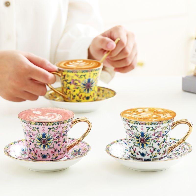 European Enamel Ceramic Coffee Cup & Saucer Set, Elegant Afternoon Tea Cup Set