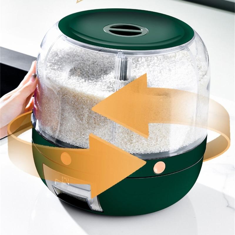 Household Grains Storage Container with 6 Unit Convenient Dry Cereal Organizers Bucket Sealed Rotating Rice Dispenser