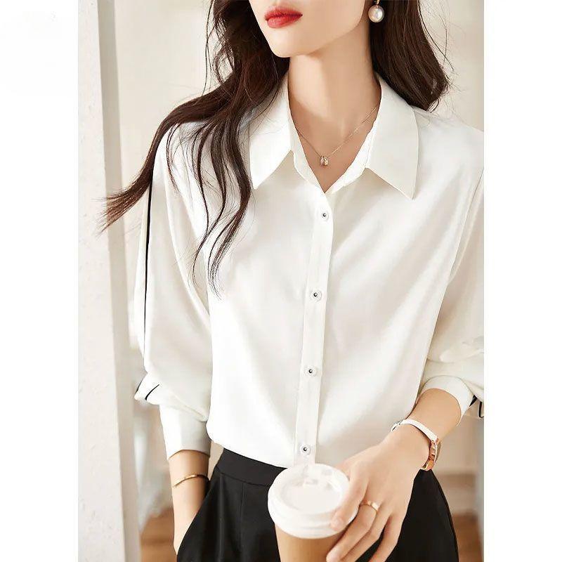 Hochwertiges weißes Chiffonhemd Damen Locker Langarm Lässige Bluse Herbst Frühling Slim Fit Elegant