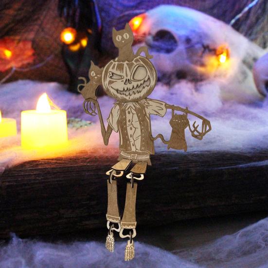 Articulated Pumpkin Man Halloween Decoration Spooky Wooden Pumpkin Skeleton Tabletop Ornament for DIY Home Office Decor