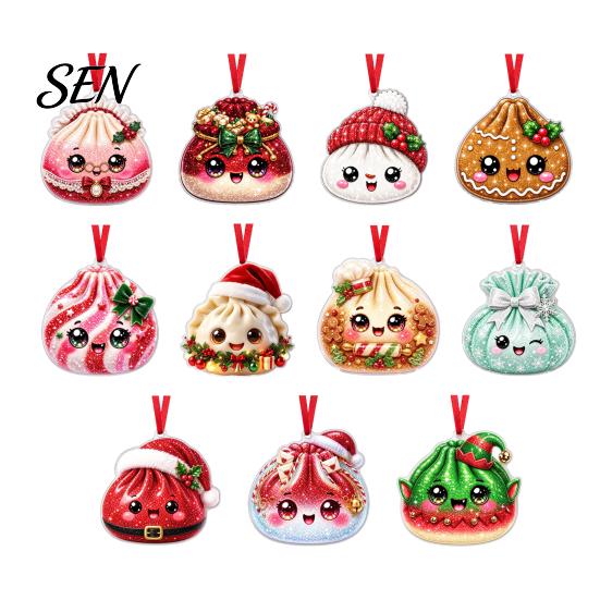 Colorful Cartoon Pattern Decor 2D Acrylic Christmas Ornament, Cute Luck Bag Bun Hanging Decor, Seasonal Decorative Crafts Tree Pendant for Holiday