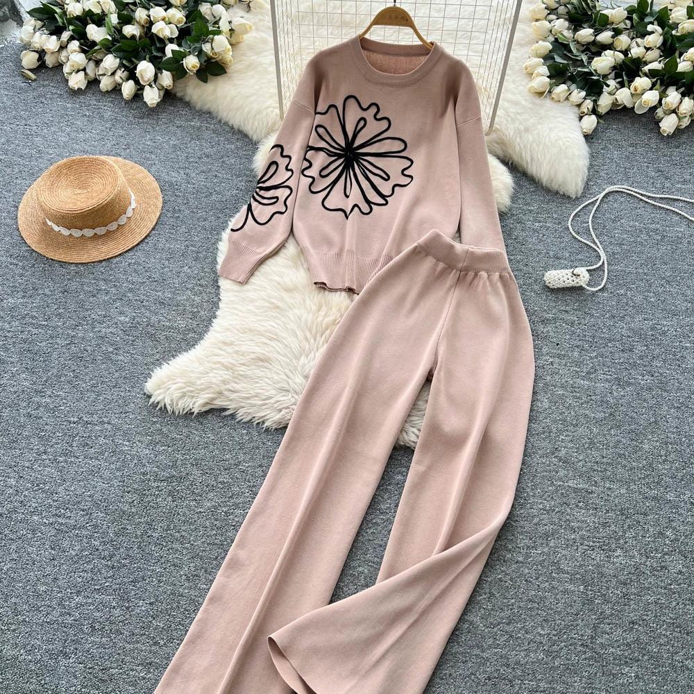 Herbst Winter Damen Blumenstickerei Strickpullover Hose Zweiteiler Langarm Pullover Oberteile und Weitbein Hose Trainingsanzug