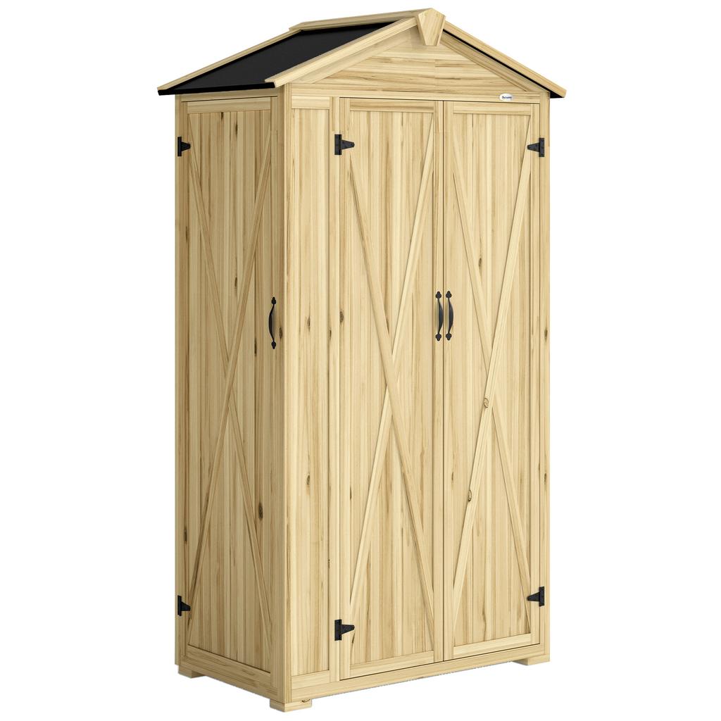 Outdoor Wooden Garden Shed, 3 Doors, 4 Shelves, Asphalt Roof, 93 x 53 x 168 cm, Natural
