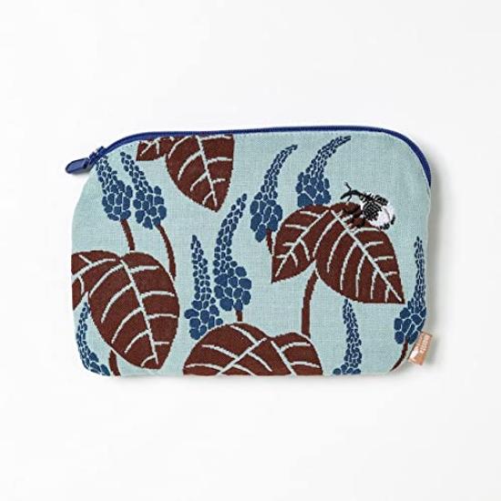 Morita MiW Pouch, Flower and Weevil Design, Light Blue. The MiW color harmony of the front, lining, and zipper is fresh. Made from a slightly tightly