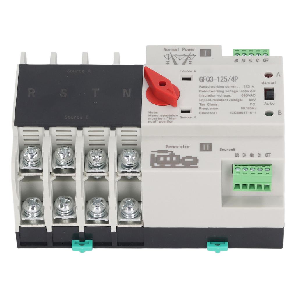 4P Automatic Transfer Switch 35mm Rail Mount Dual Power Generator Changeover Switch AC400V 125A