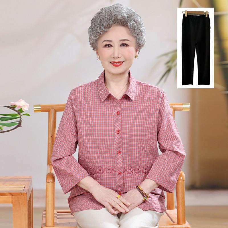 Vintage 60s-80s Grandma Cotton Blouse: Spring/Summer Seven-Sleeve Top for Elderly Women