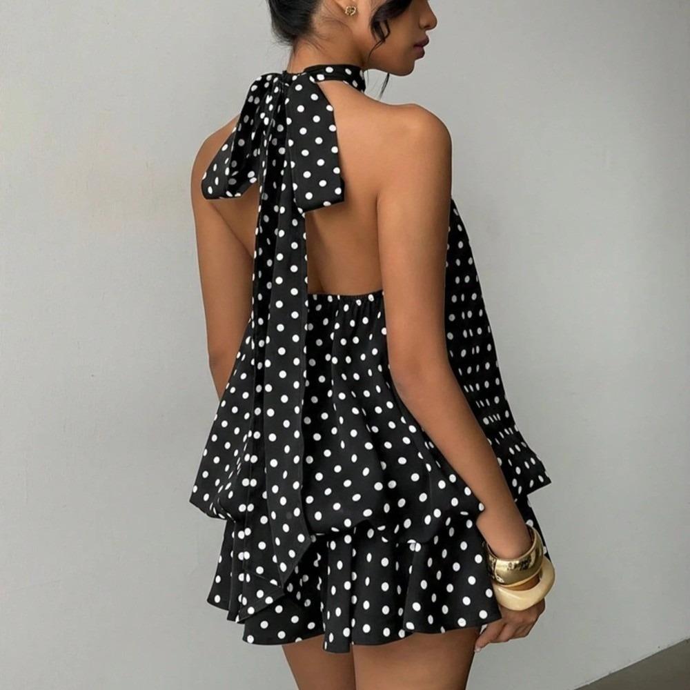 Sleeveless Polka Dot Dress Off Shoulder Chiffon Dress Vintage A Line Halter Dress Holiday