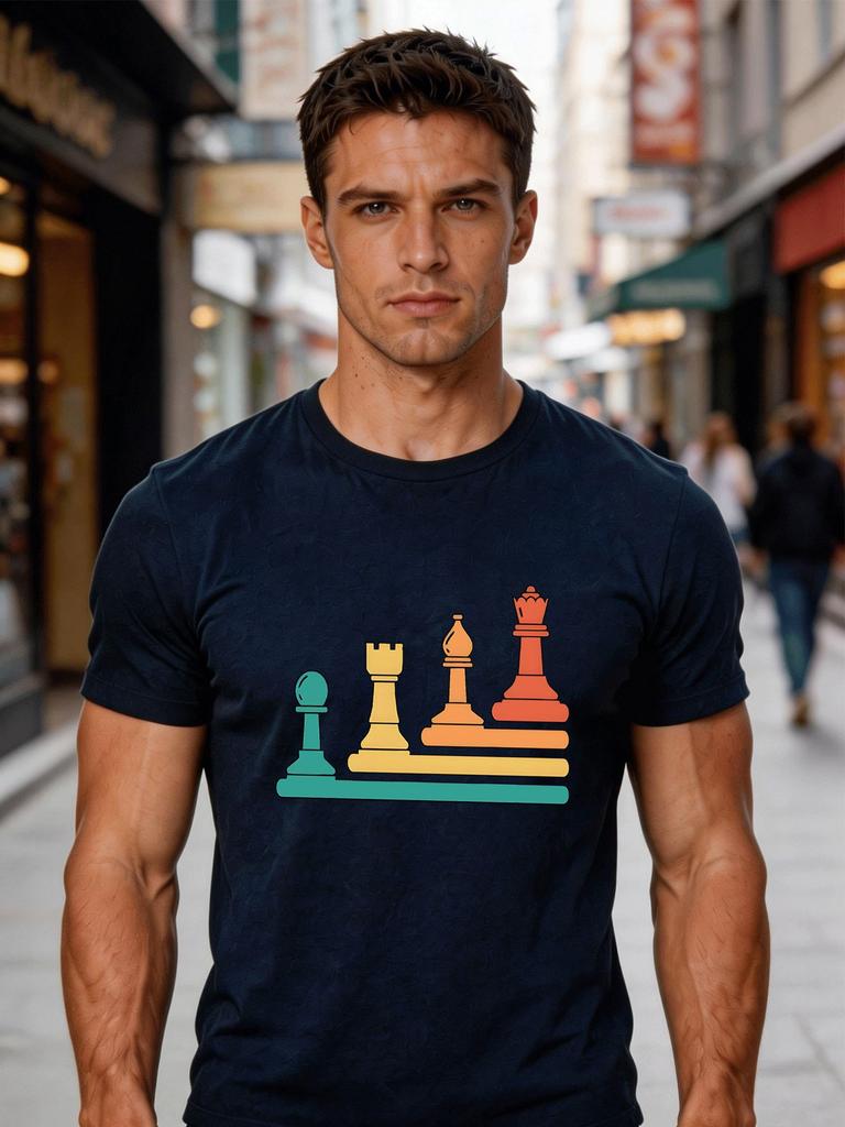 Unisex Red Crew Neck Tee Gradient Color Pawn Rook Bishop Queen Chess Pieces Graphic Retro Board Game Lover Casual Cotton Tops