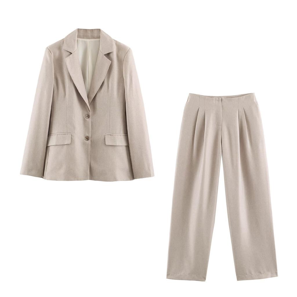 European and American style, wholesale women's clothing linen blended blazer + straight pants set 7748856