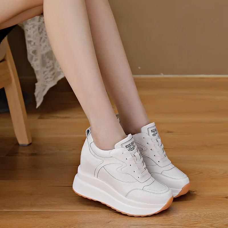 Fashion New Increased 10CM Genuine Leather Sneakers Platform Shoes Wedge Hidden Heel Pumps Warm Fur Fashion Sneakers Women Winter Shoes
