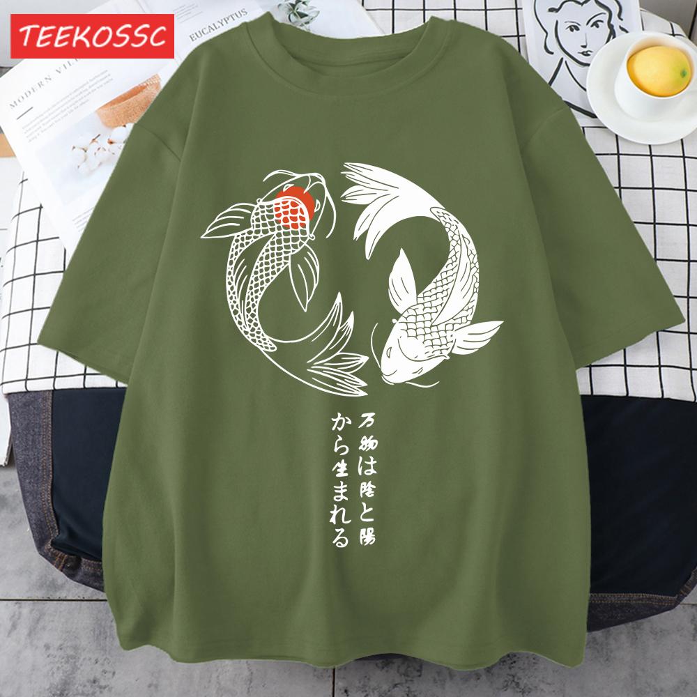 Two Koi Fish Swimming In Waterprint Men TShirts Cotton AllMatch T Shirt Comfortable Crewneck Tops Loose Unisex Summer Clothes