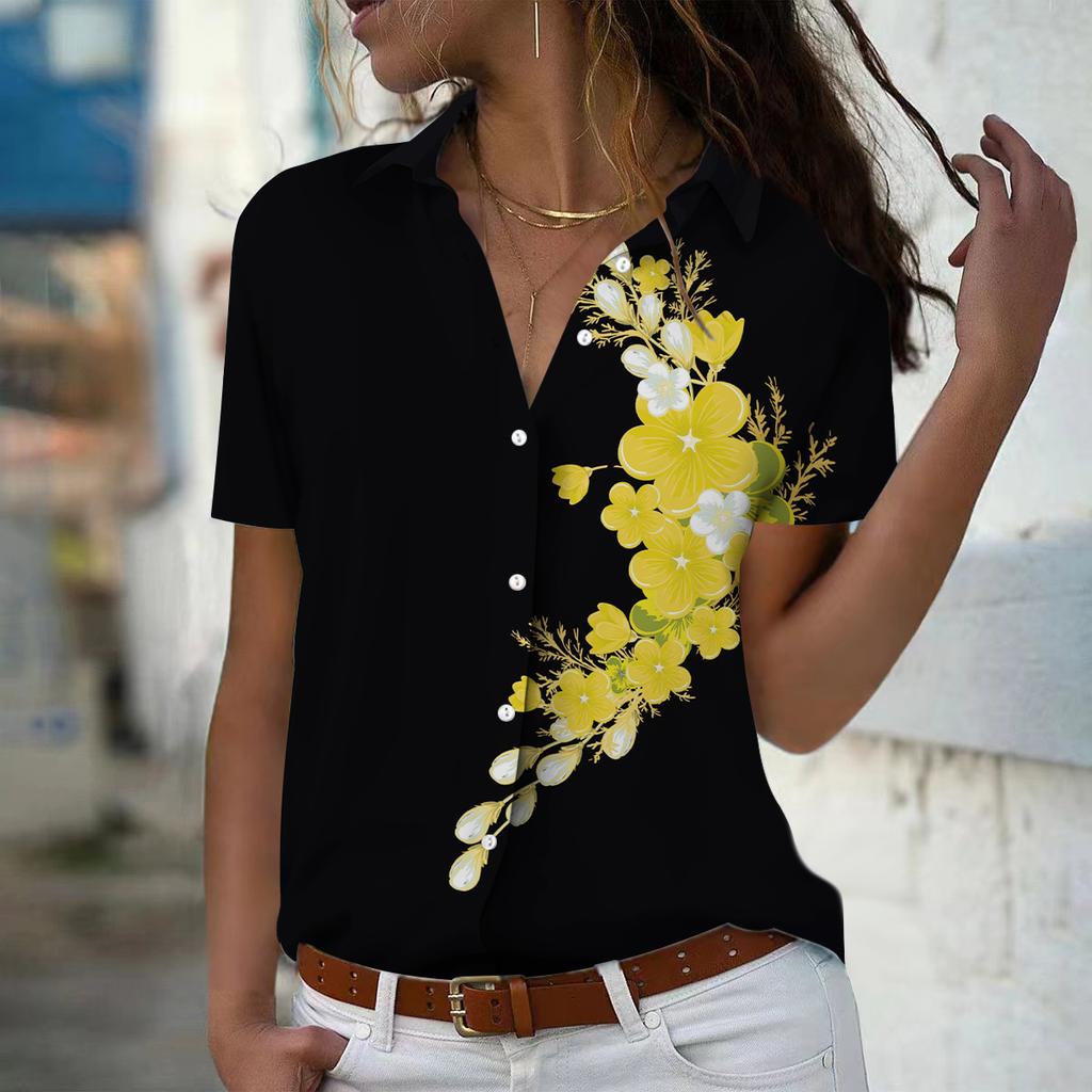 2025 Summer New Fashion Women's Flower Printed Short Sleeve V-neck Casual Button-down Shirt Top