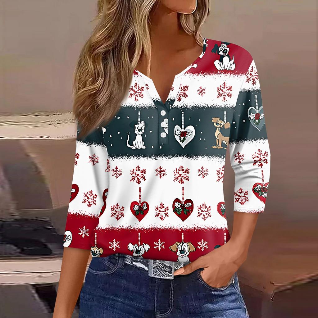 Women's T Shirt Tee Christmas Printed Button 3/4 Sleeve Tunic Daily Weekend Fashion Basic V- Neck Regular Top