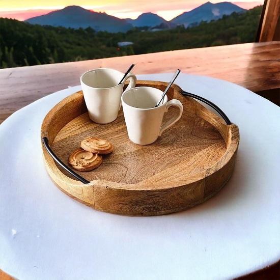 Medium Rustic Round Wooden Serving Tray  Handcrafted Mango Wood with Iron Handles Decorative Kitchen Dining Table Tray Brown