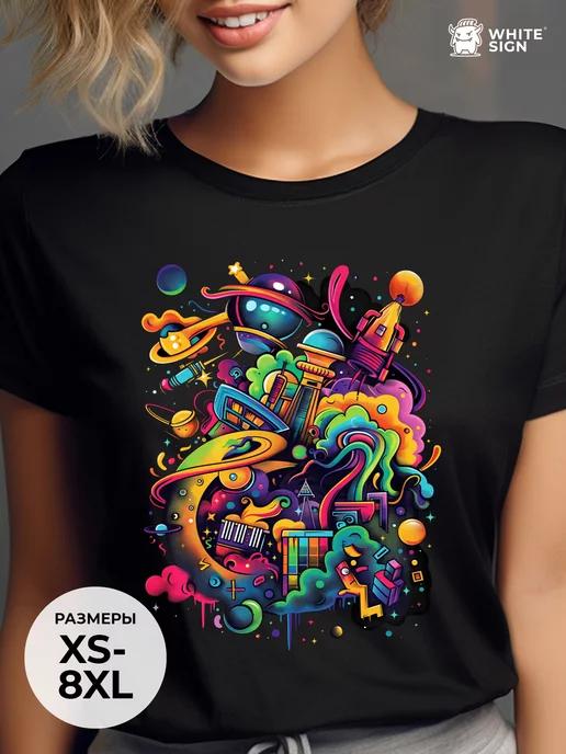Neon Universe print oversized cotton T-shirt S
