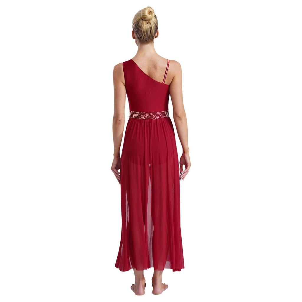 Womens Lyrical Dance Dress Glittery Rhinestones Asymmetrical Shoulder Sleeveless Split Sheer Mesh Performance Gown
