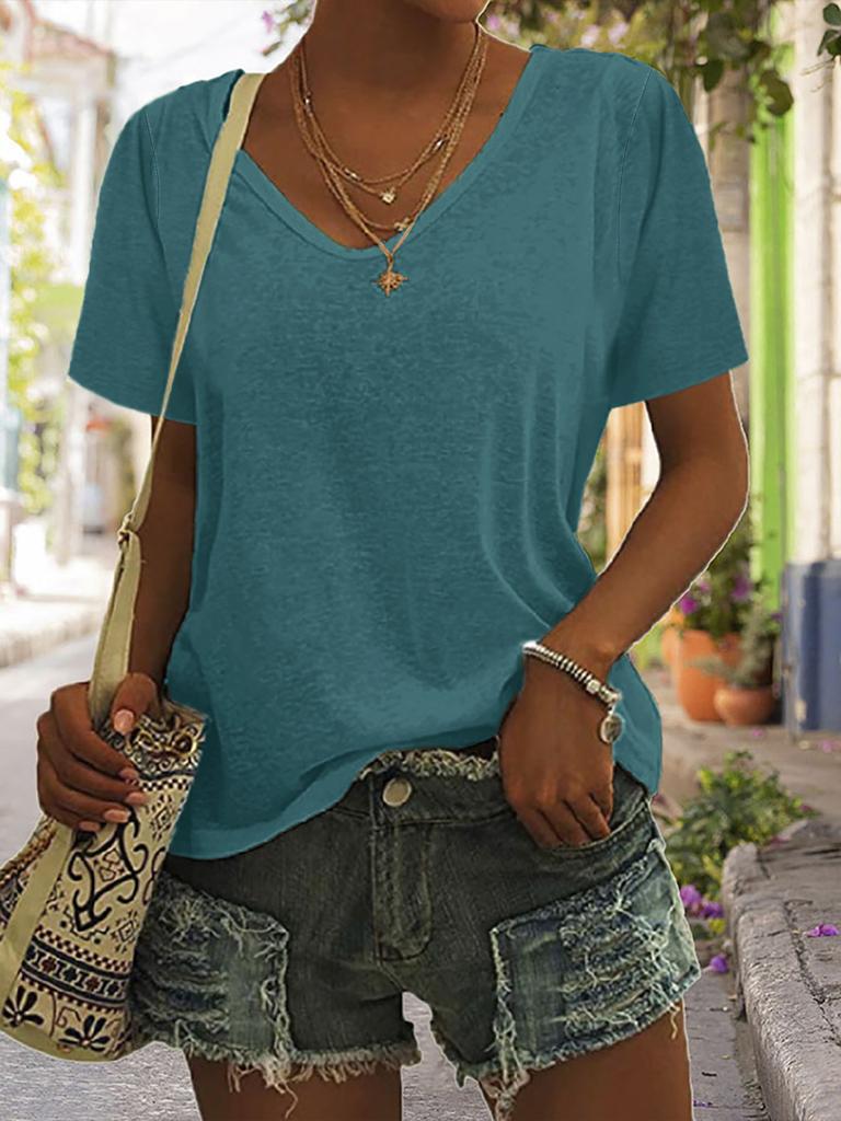 European and American women's solid color V-neck short-sleeved T-shirt, loose casual top can be printed in stock.