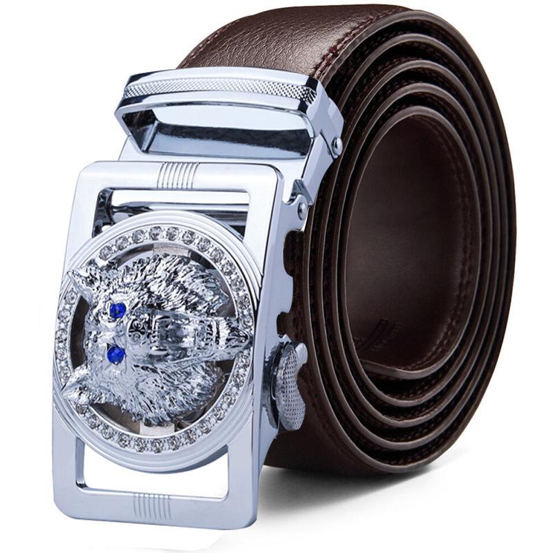 Genuine Leather Wolf Belt for Men Polychrome Rhinestone Alloy Belt Automatic Buckle Black Luxury Brand Plus Size Ceinture Homme