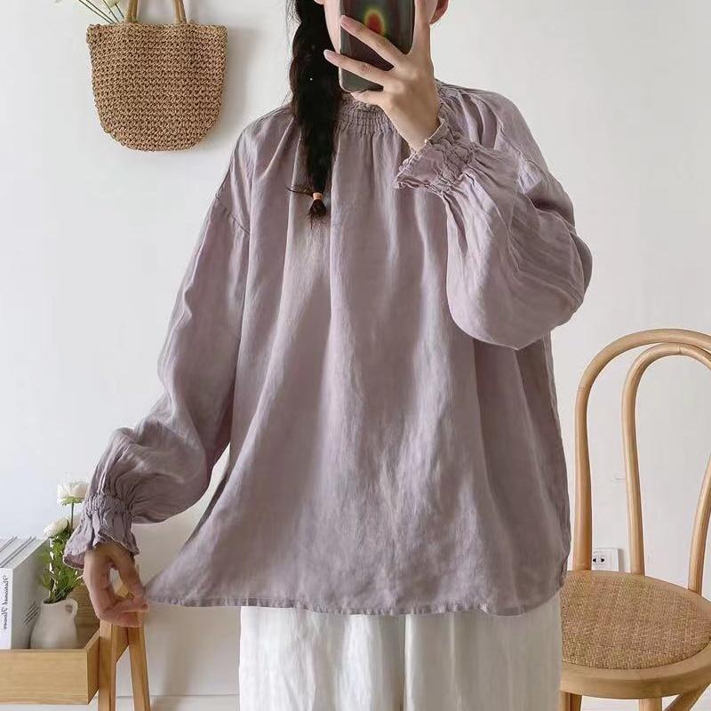 Johnature Linen Simple Women Tops Shirts Autumn Solid Color Loose Pullover Ruffles Sleeve Female Blouses