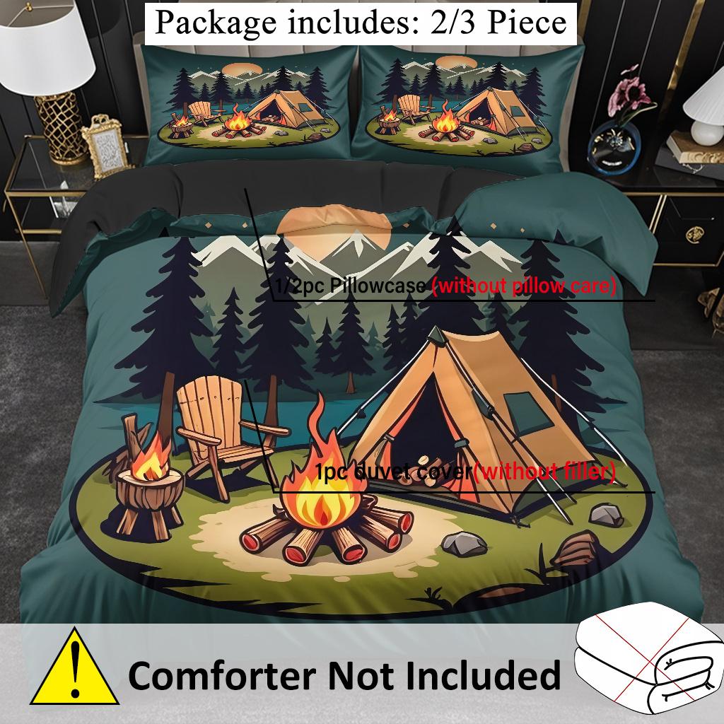 Cartoon Camping Tent Campfire Pattern Down Duvet Cover Set Fashionable Classic Popular Digital Printed Bedding Set HD Printing