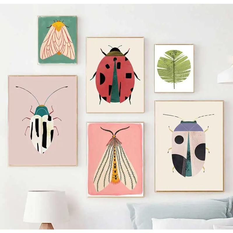 Butterfly Wall Art Ladybug Tiger Moth Beetle Feather Canvas Painting Nordic Poster Printing Wall Picture Bedroom Decoration