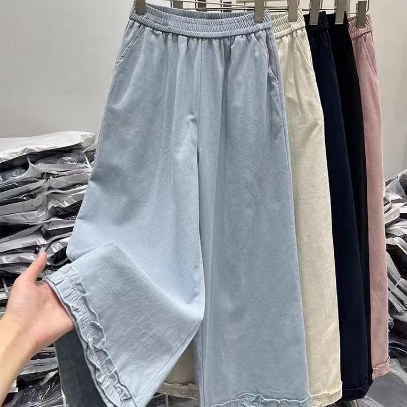 High Waist Korean Style Lace Trim Straight Leg Pants for Women - Summer Casual, Loose Fit, Versatile Cropped Design