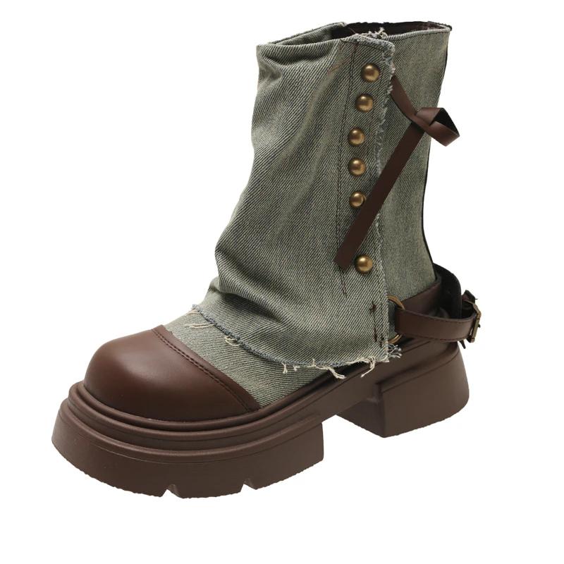 Fashion Chunky Women Ankle Boots Designer Platform Heel Shoes Autumn Winter Denim Short Booties Zapatos De Mujer