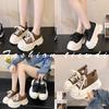 Fashion Retro Solid Color Round Toe Thick Sole Platform Chunky Heels Women Sneakers Lace Up Fashion Western Casual Trainer Punk Shoes