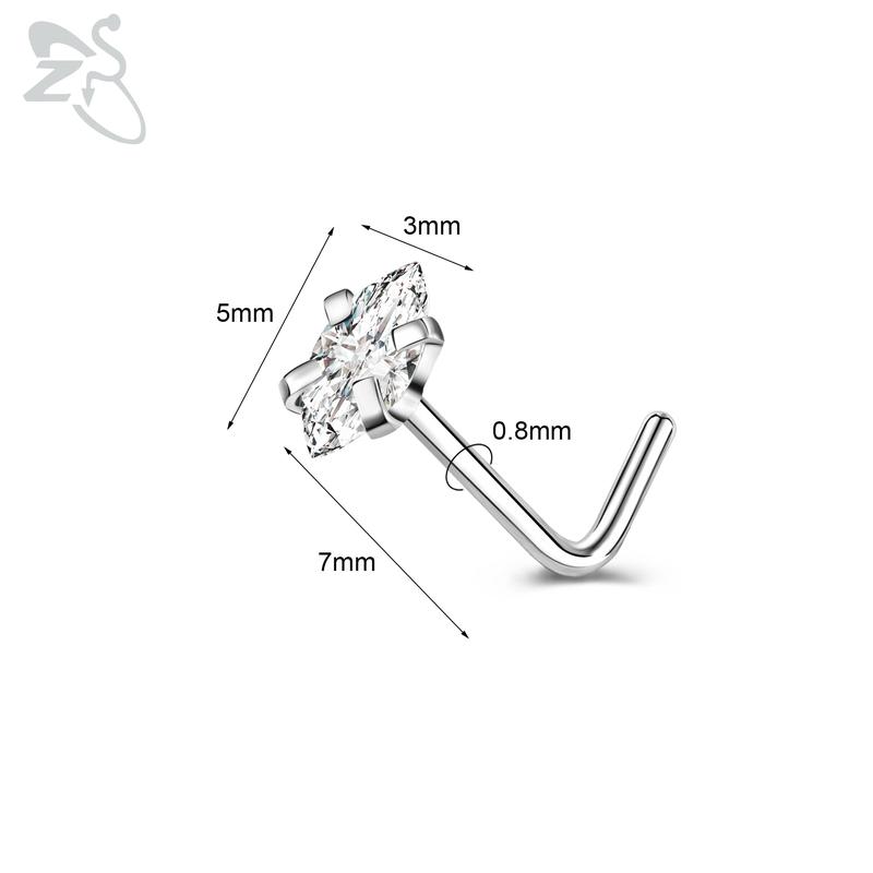 ZS 1 Piece Cute CZ Crystal Nose Stud L-Shape 20g Stainless Steel Nose Piercings Flower Moon Heart Shape Zircon Nostril Piercing