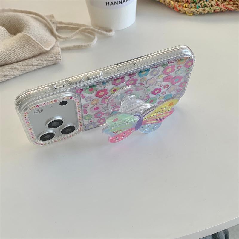 Colorful Rhinestone Butterfly Stand Phone Case for iPhone 17, 16 Pro Max, 15, 14