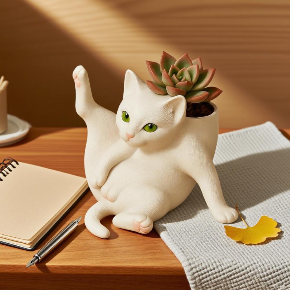 Grooming Cat Flowerpot Small Plant Pot Adorable Cat Planter Pot for Succulents Herbs Mini Flower Pot for Home Garden Decoration