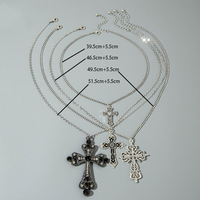 Gothic Hollow Out Diamond Studded Cross Pendant Necklace Set Y2K Personalized Thorn Love Black Bead Stacked Necklace Set
