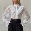 Summer Elegant Lace Top Women Shirt Splicing Stand Collar Flare Sleeve White Shirt