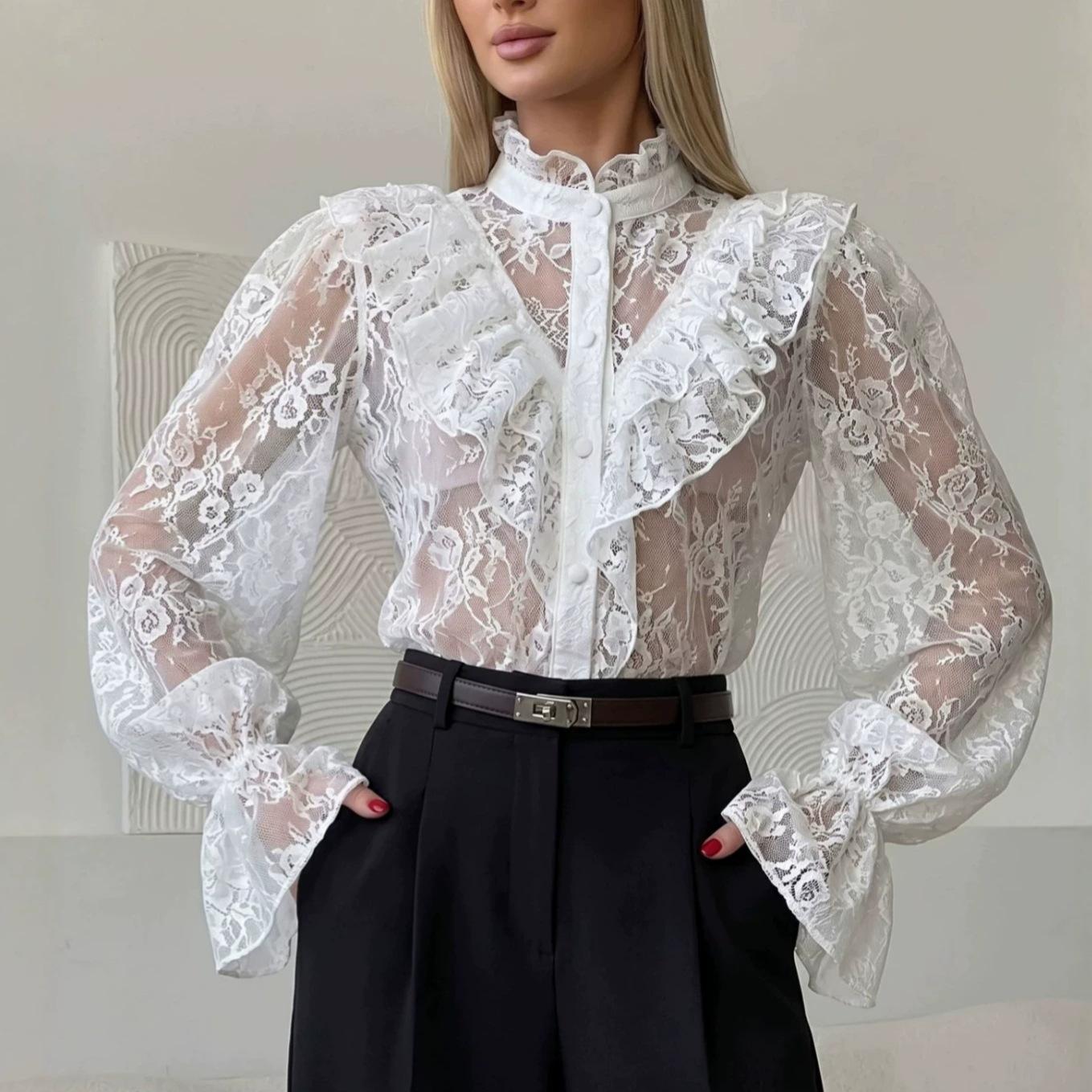 Summer Elegant Lace Top Women Shirt Splicing Stand Collar Flare Sleeve White Shirt S белый