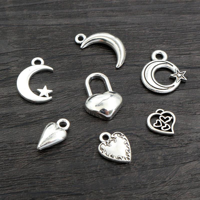 40pcs Antique Silver Plated Moon Heart Small Charms Pendant DIY Handmade Jewelry Findings for Bracelet Necklace Accessories