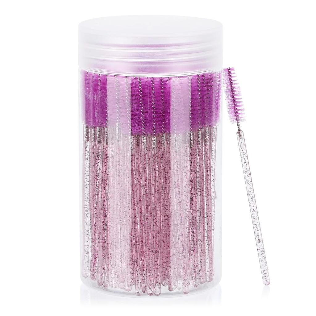 100 Pcs Disposable Mascara Wands & Crystal Eyebrow Spoolies Brush for Eyelash Extensions Pink Lash Brushes Container