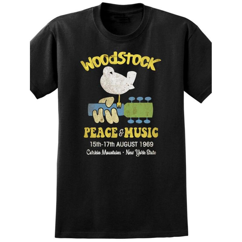 Maglietta Festival Musicale Woodstock Anni '60 Retrò Chitarra Classica Band Tee Donna Uomo