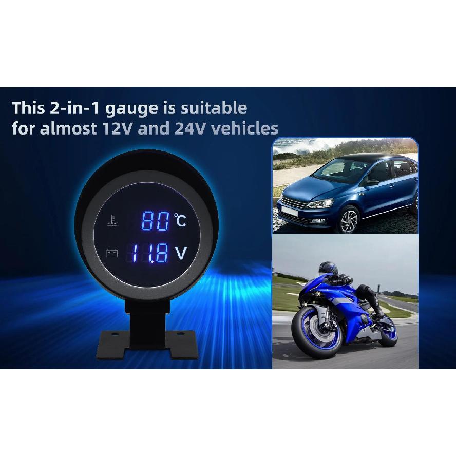 2 In 1 Round LED Digital Water Temp Gauge Voltmeter Volt Voltage Meter Temperatura Moto For 12V24V Car Truck Temperature Sensor Coolant Temperature 4