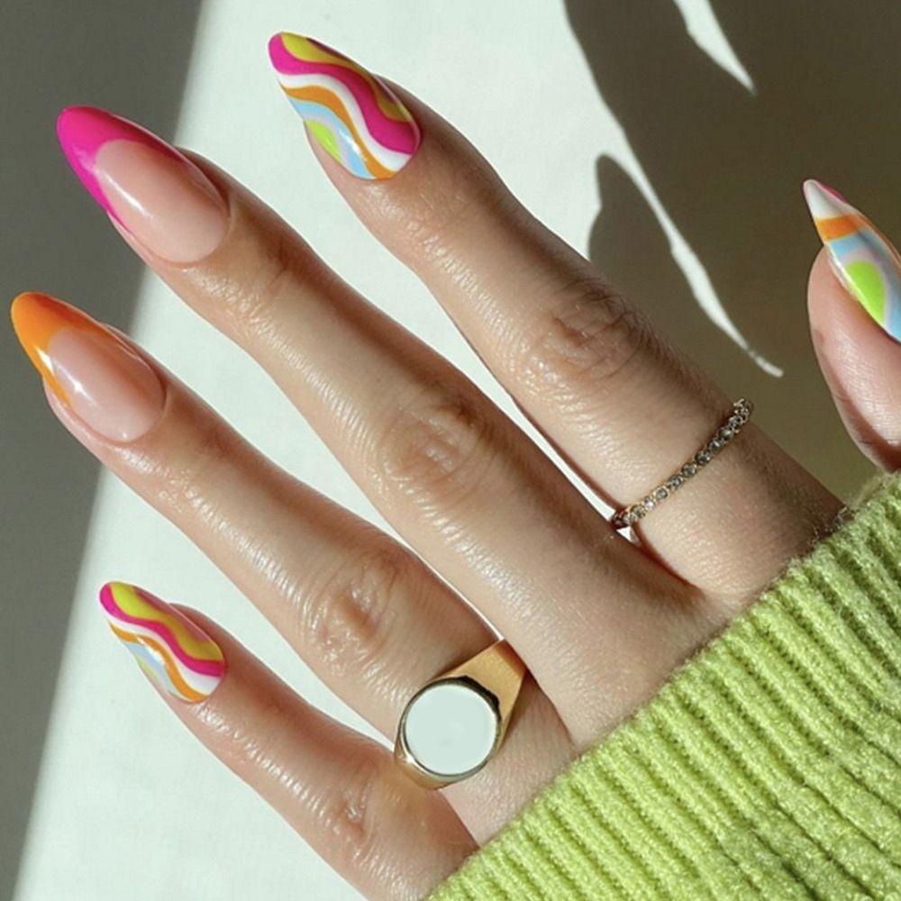 

24pcs DIY Manicure Wavy Coloful Almond French Fake Nails Long