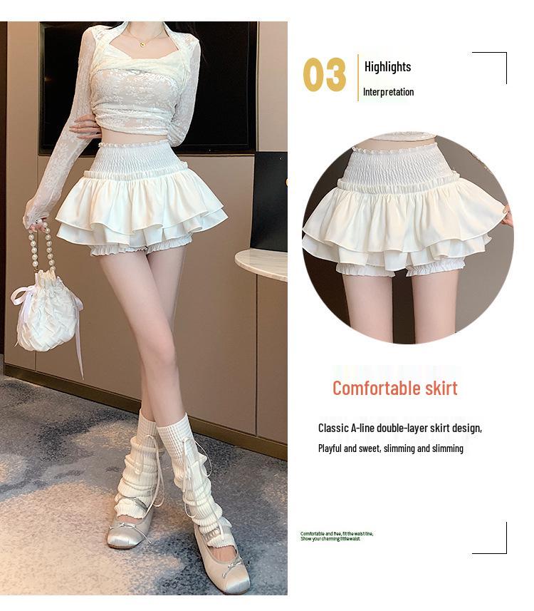 Women's Ballet-Style Puff Skort: Spring/Summer White Short Umbrella Skirt, Faux Two-Piece Design