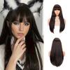Black Synthetic Long Wig With Bangs Long cHeat-Resistant Drak Brown Wig For Women Natural Looking