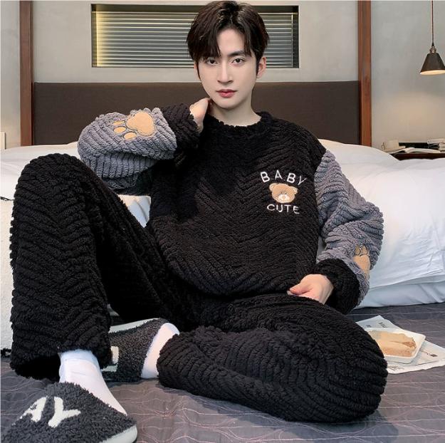 Thickened Coral Fleece Pajamas Men's Winter Warm Home Clothes Two-Piece Set Flannel Autumn Winter Plush Home Suit
