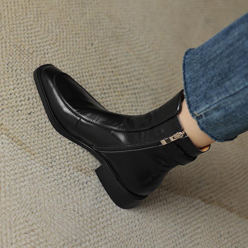 Fashion 2025 New Autumn Women Boots Square Toe Low Heel Women Shoes Genuine Leather Retro Brown Ankle Boots Block Retro Leather Boots